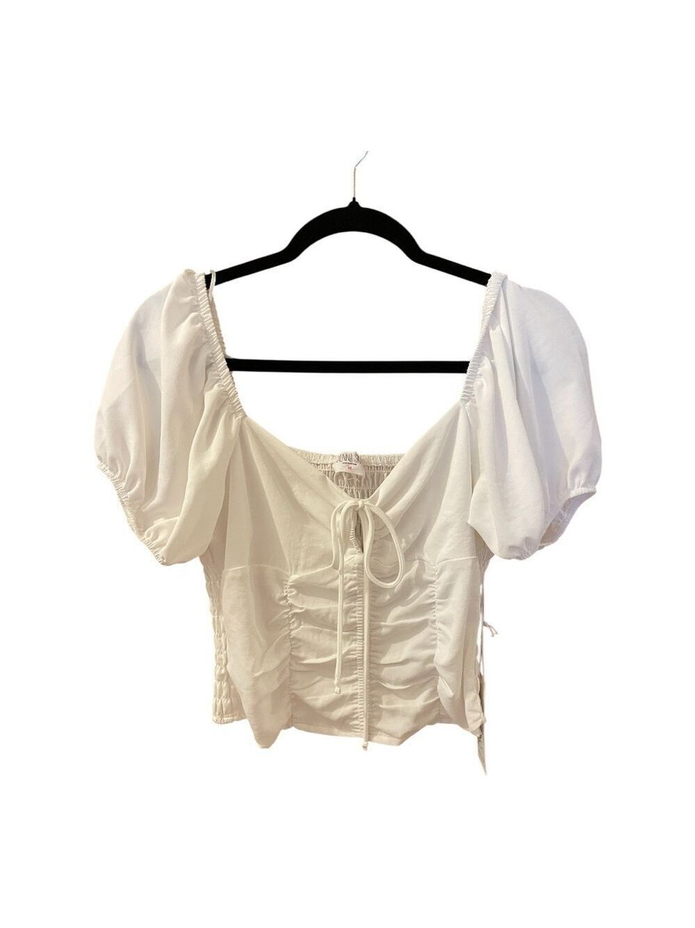 Sienna Sky Crop Top, Size M, Puff Sleeves, Shirred Back, Peephole Front w/Ties.